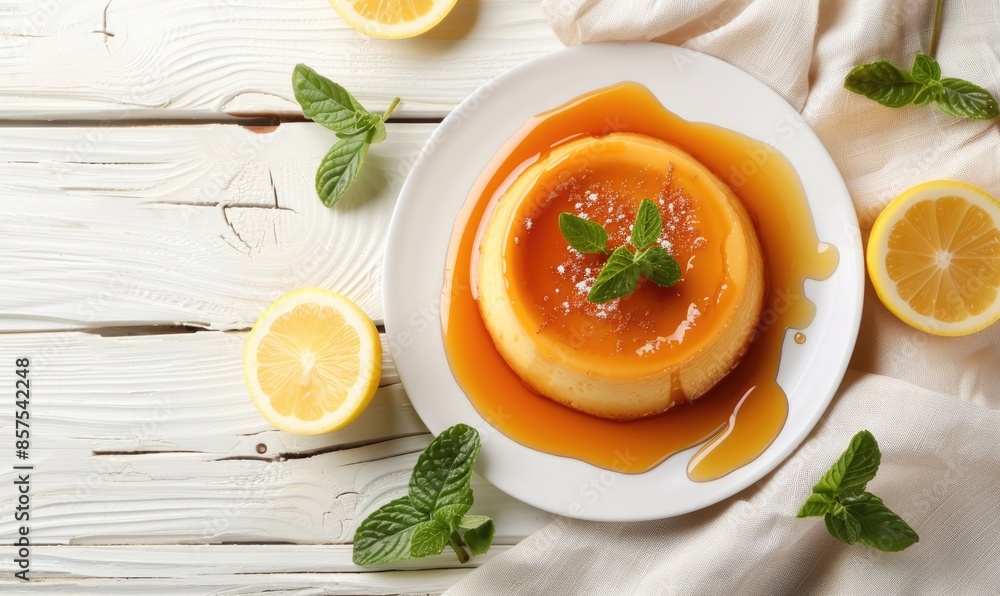 Lemon and espresso flan with caramel sauce on a light wooden background Lemon and espresso flan with caramel sauce on a light wooden background