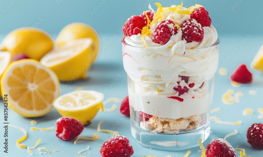 Lemon and raspberry parfait with lemon zest on a light blue background Lemon and raspberry parfait with lemon zest on a light blue background