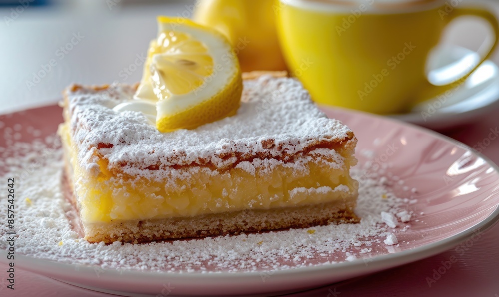 Lemon bars with powdered sugar and a cappuccino on a pastel pink plate Lemon bars with powdered sugar and a cappuccino on a pastel pink plate