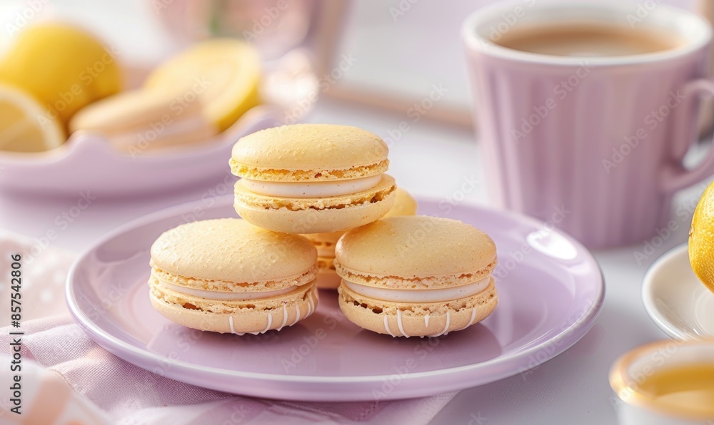 Fototapeta premium Lemon macarons with a cappuccino on a pastel purple plate