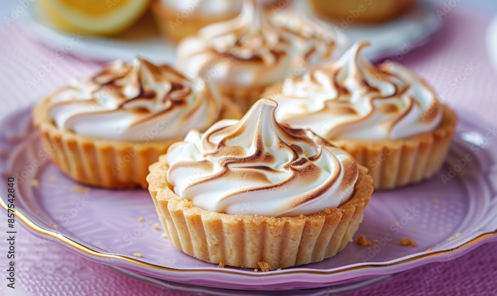Lemon meringue tartlets with a buttery crust on a pastel purple plate Lemon meringue tartlets with a buttery crust on a pastel purple plate