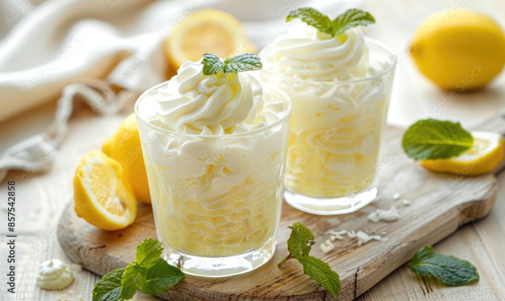 Lemon mousse in a glass with whipped cream on a light wooden background Lemon mousse in a glass with whipped cream on a light wooden background