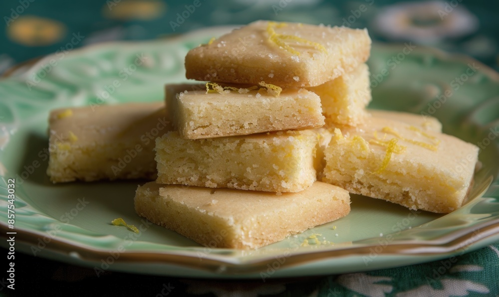 Lemon shortbread cookies with lemon zest on a pastel green plate Lemon shortbread cookies with lemon zest on a pastel green plate