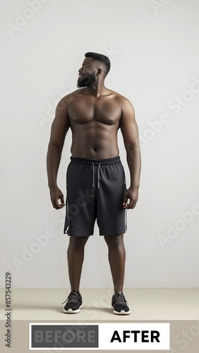 Before and after losing weight adult man in white shorts stands by a white wall, showcasing his muscular legs and torso
