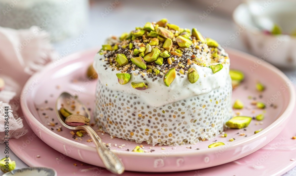 Pistachio and chia seed pudding with pistachio topping on a pastel pink plate Pistachio and chia seed pudding with pistachio topping on a pastel pink plate