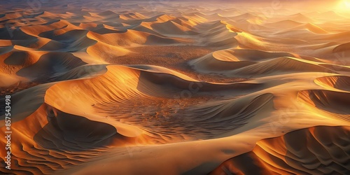 Aerial view of abstract desert landscape with golden sand dunes and wavy patterns in warm, muted tones , desert, aerial view, landscape, abstract, golden, sand dunes, waves, patterns photo