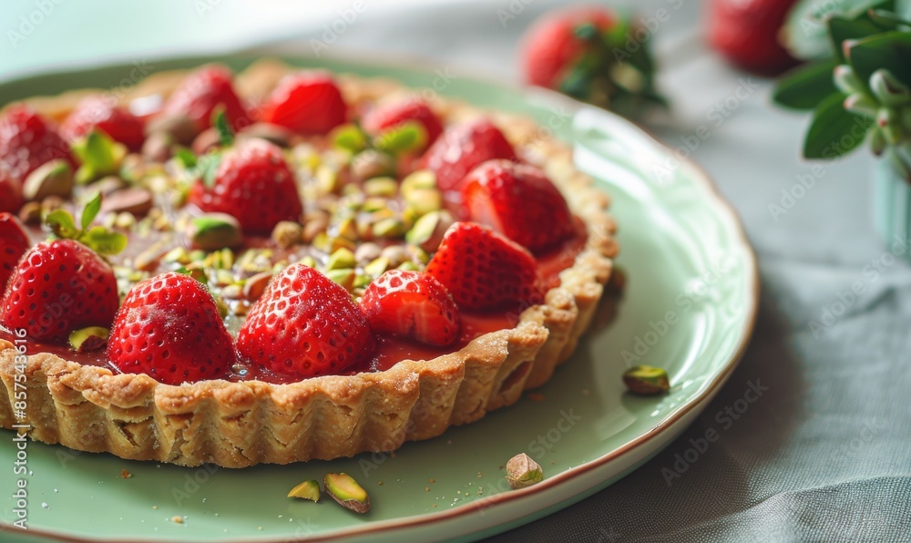 Pistachio and strawberry tart with a buttery crust on a pastel green plate Pistachio and strawberry tart with a buttery crust on a pastel green plate