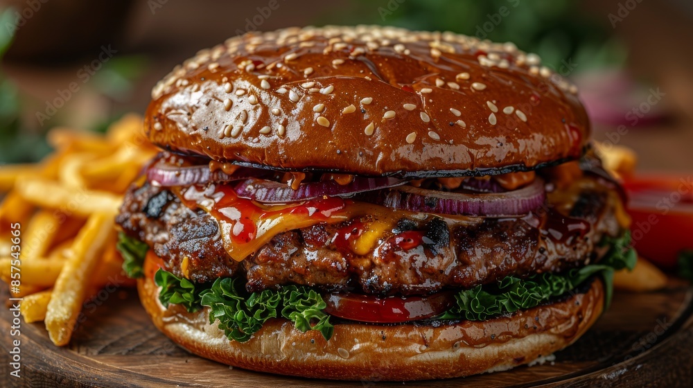 A mouth-watering hamburger accompanied by crispy fries, displayed on a wooden board with fresh ingredients, showcasing a delicious meal perfect for any fast food lover. A mouth-watering hamburger accompanied by crispy fries, displayed on a wooden board with fresh ingredients, showcasing a delicious meal perfect for any fast food lover.