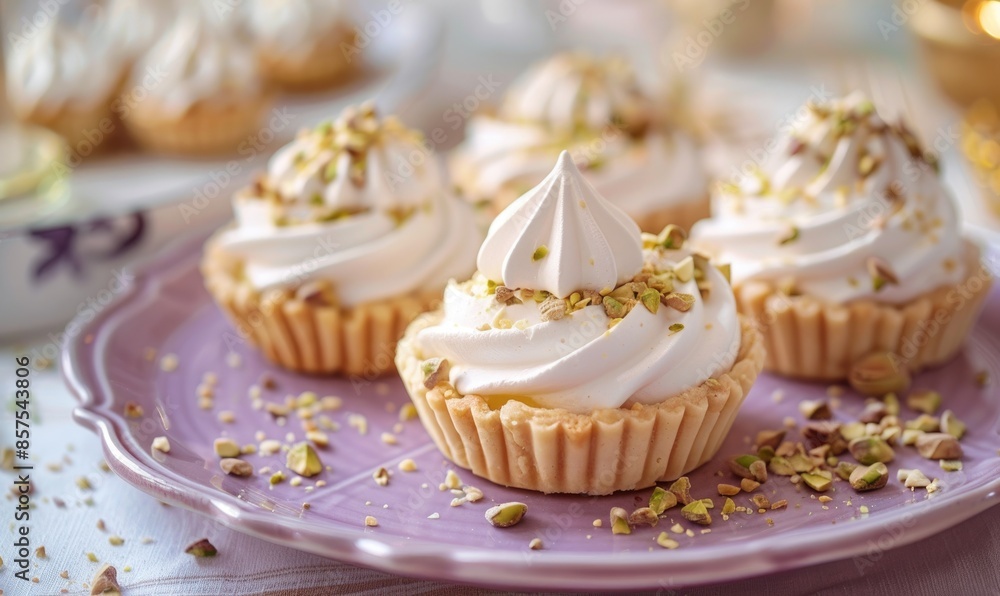 Pistachio meringue tartlets on a pastel purple plate Pistachio meringue tartlets on a pastel purple plate