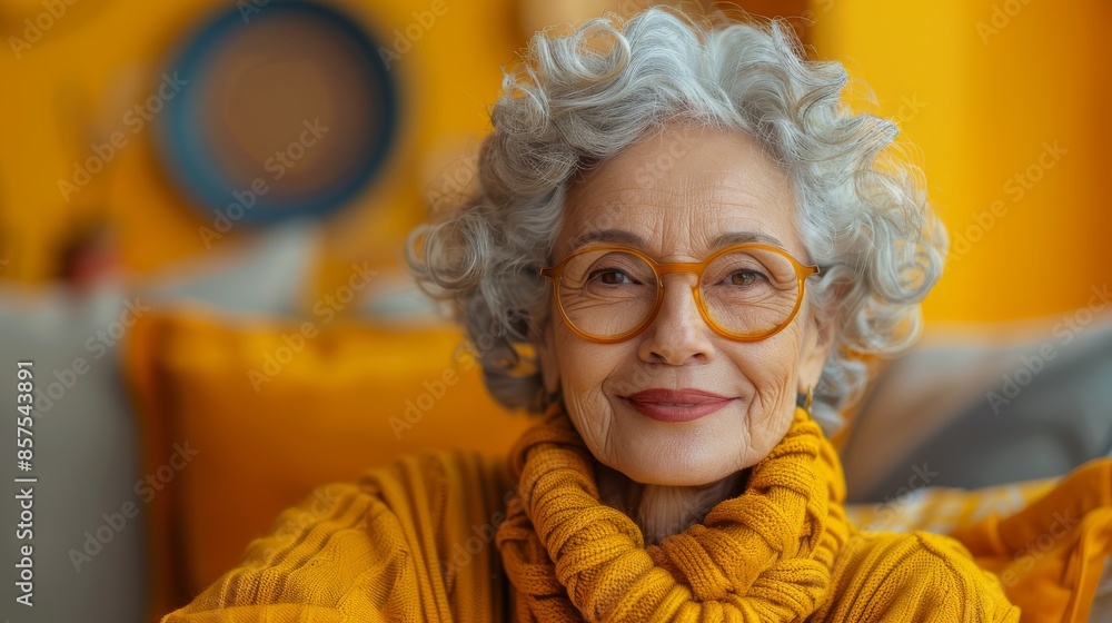 A charming elderly woman with curly grey hair, wearing orange glasses and a yellow sweater, smiles warmly in a cozy indoor setting, surrounded by vibrant colors and soft lighting. A charming elderly woman with curly grey hair, wearing orange glasses and a yellow sweater, smiles warmly in a cozy indoor setting, surrounded by vibrant colors and soft lighting.