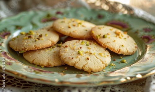 Pistachio shortbread cookies on a pastel green plate © TheoTheWizard