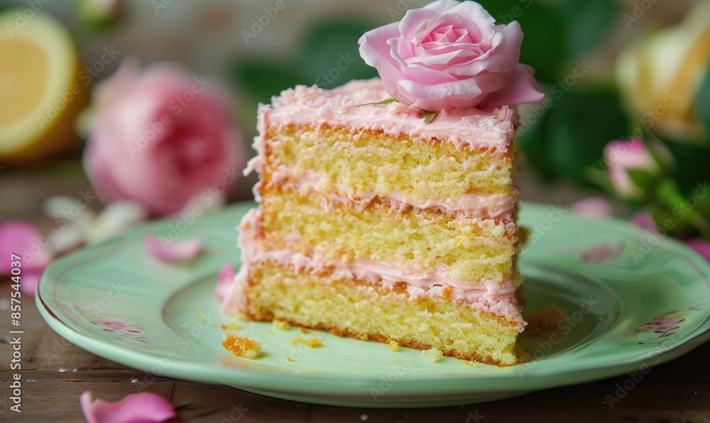 Rose and lemon cake with rose frosting on a pastel green plate Rose and lemon cake with rose frosting on a pastel green plate