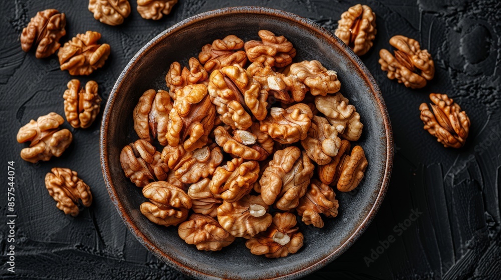 A wooden bowl containing an abundance of shelled walnuts, showcasing their rich texture and wholesome appearance, placed on a dark, textured background. A wooden bowl containing an abundance of shelled walnuts, showcasing their rich texture and wholesome appearance, placed on a dark, textured background.