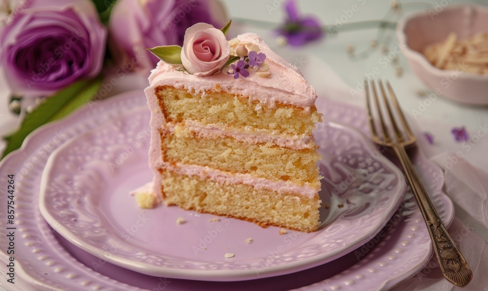 Rose-flavored almond cake with rose frosting on a pastel purple plate Rose-flavored almond cake with rose frosting on a pastel purple plate