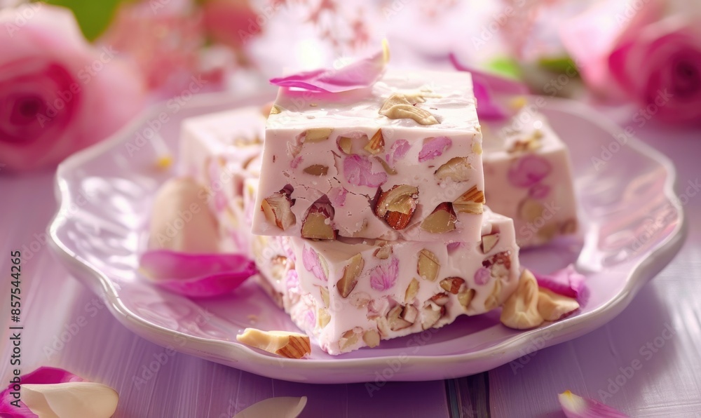 Rose-flavored almond nougat with rose petals on a pastel purple plate Rose-flavored almond nougat with rose petals on a pastel purple plate