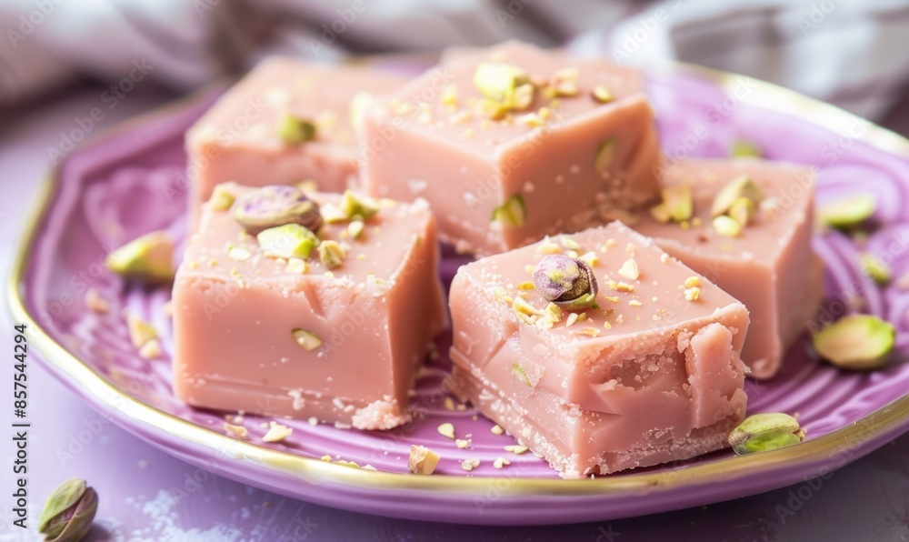 Rose-flavored fudge with pistachios on a pastel purple plate Rose-flavored fudge with pistachios on a pastel purple plate