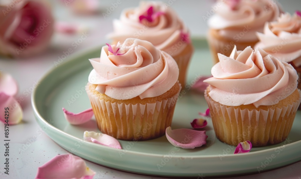 Rose-flavored cupcakes with rose petal decoration on a pastel green plate Rose-flavored cupcakes with rose petal decoration on a pastel green plate