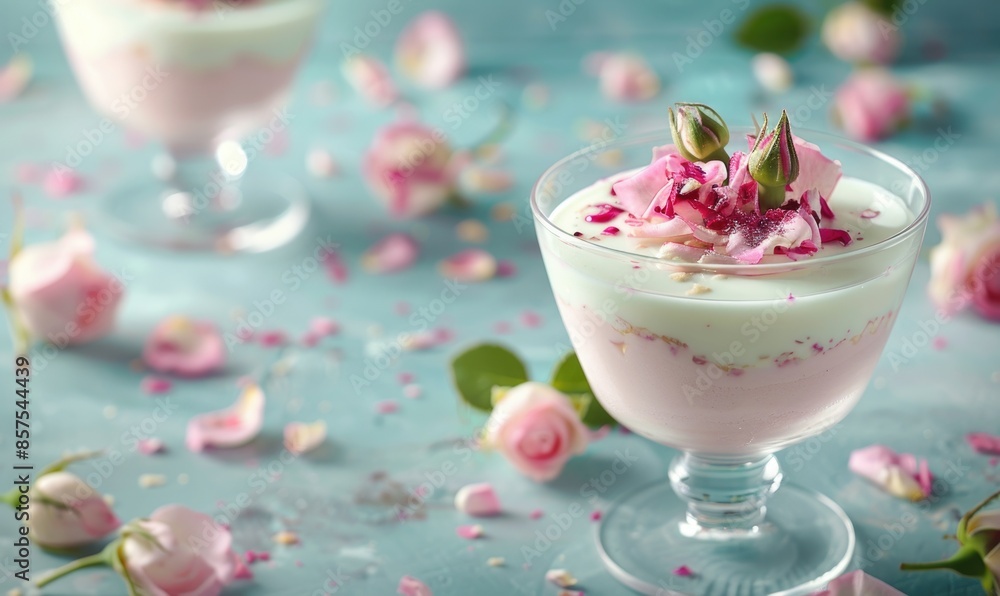 Rosewater milk pudding with rose syrup on a light blue background Rosewater milk pudding with rose syrup on a light blue background
