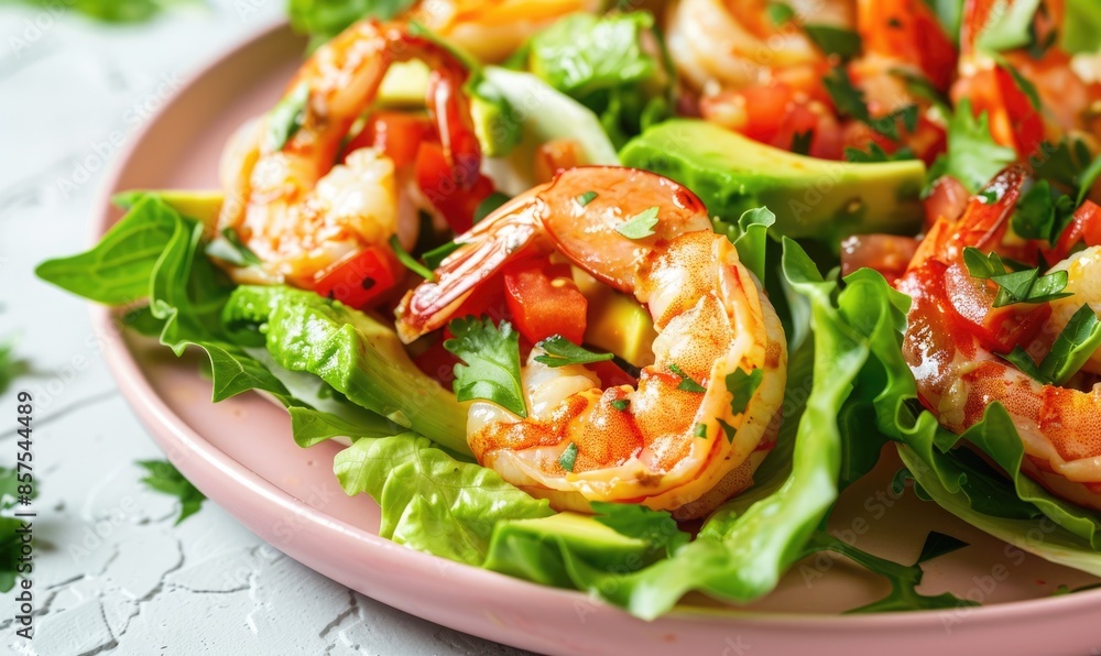 Shrimp and avocado salad wraps with lettuce on a pastel pink plate Shrimp and avocado salad wraps with lettuce on a pastel pink plate