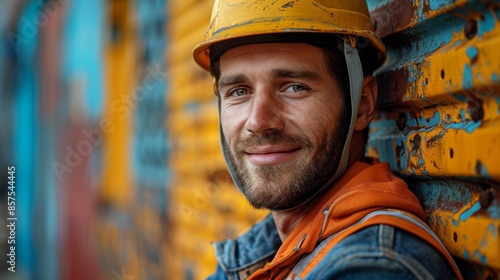A construction worker with a hard hat and casual wear smiles confidently, leaning against a colorful wall, representing diligence and pride in his work. © svastix
