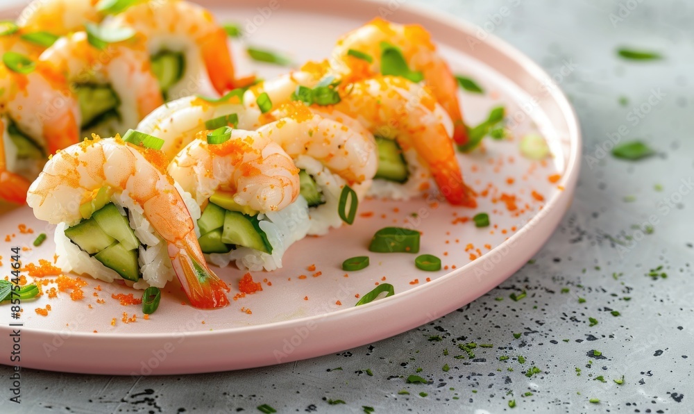 Shrimp and cucumber rolls with avocado on a pastel pink plate Shrimp and cucumber rolls with avocado on a pastel pink plate