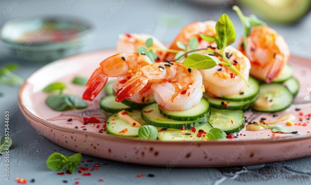 Shrimp and cucumber rolls with avocado on a pastel pink plate Shrimp and cucumber rolls with avocado on a pastel pink plate