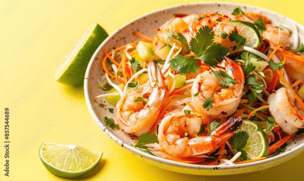 Shrimp and jicama slaw with lime on a light yellow background Shrimp and jicama slaw with lime on a light yellow background
