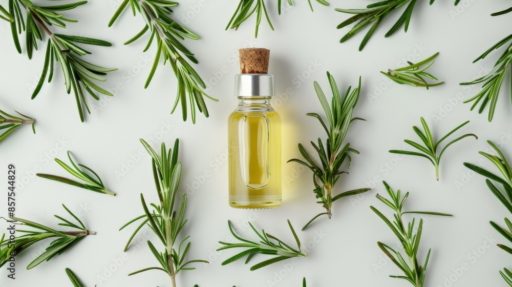Natural Rosemary Essential Oil Bottle with Fresh Rosemary Twigs | Top View Natural Rosemary Essential Oil Bottle with Fresh Rosemary Twigs | Top View