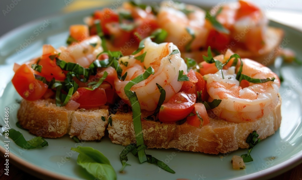 Shrimp and tomato bruschetta on a pastel green plate Shrimp and tomato bruschetta on a pastel green plate