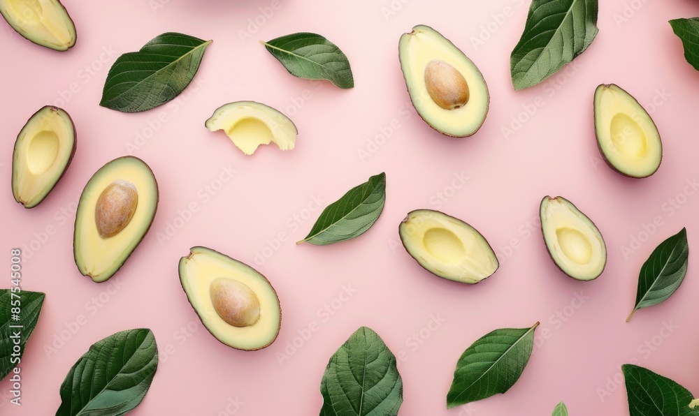 Sliced avocado with leaves on a pastel pink background Sliced avocado with leaves on a pastel pink background