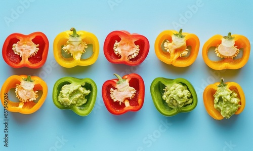 Sliced bell peppers with guacamole on a light blue background