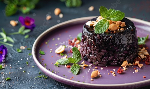 Thai black sticky rice pudding on a pastel purple plate