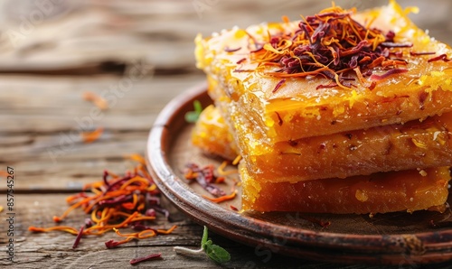 Turkish zerde with saffron on a light wooden background photo