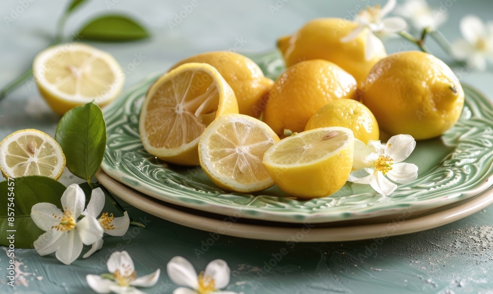 Whole lemons with lemon flowers on a pastel green plate Whole lemons with lemon flowers on a pastel green plate