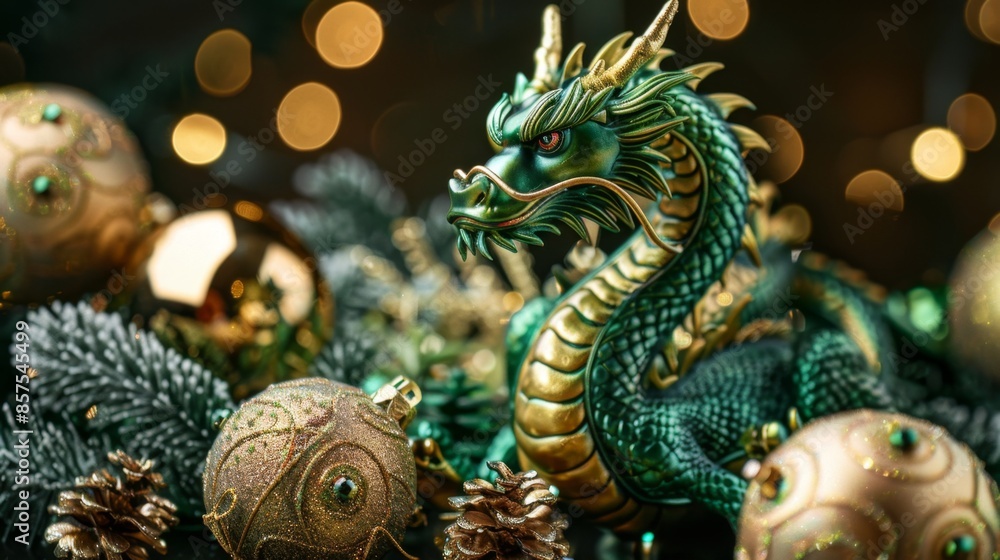 Majestic Green Dragon with Golden Ornaments, Generative AI Majestic Green Dragon with Golden Ornaments, Generative AI
