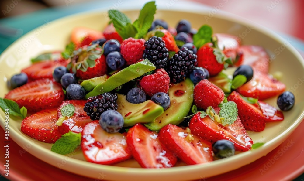 Avocado and berry salad on a pastel yellow plate Avocado and berry salad on a pastel yellow plate