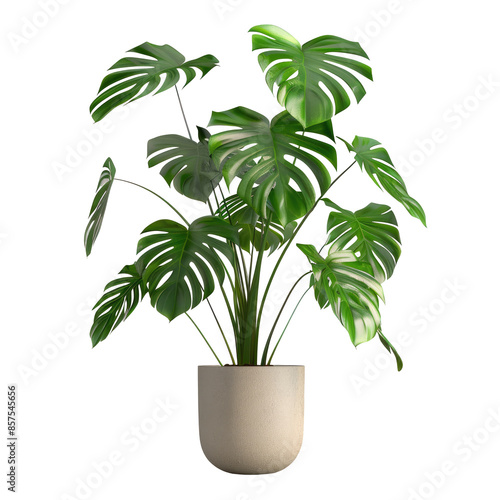 Large Monstera deliciosa plant in a gray pot on a transparent background