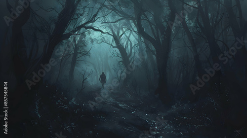 dark forest with spooky man walking on a path