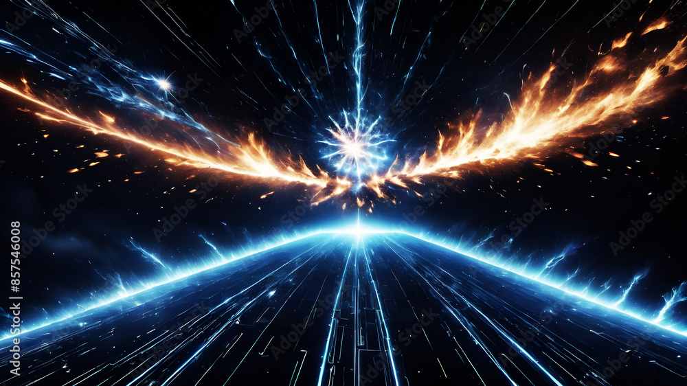 A depiction of a digital network exploding outward from a central point ...