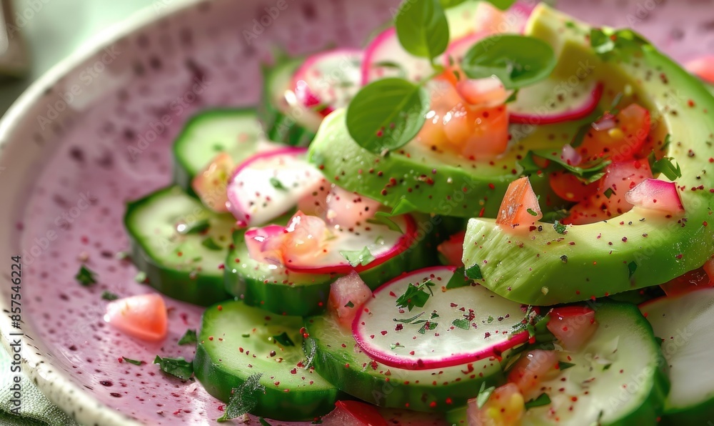Avocado and radish salad on cucumber rounds on a pastel purple plate Avocado and radish salad on cucumber rounds on a pastel purple plate