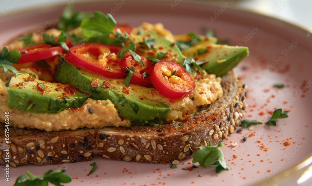 Avocado and red pepper hummus on whole grain toast on a pastel pink plate Avocado and red pepper hummus on whole grain toast on a pastel pink plate