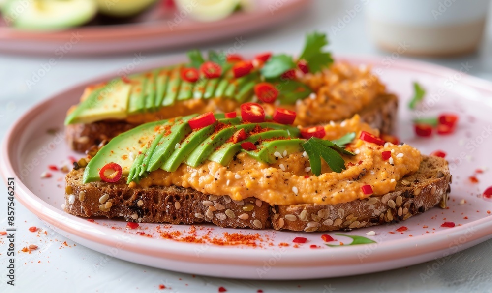Avocado and red pepper hummus on whole grain toast on a pastel pink plate Avocado and red pepper hummus on whole grain toast on a pastel pink plate