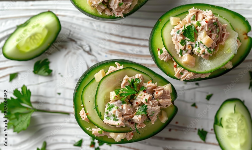 Avocado and tuna salad on cucumber slices on a light wooden background Avocado and tuna salad on cucumber slices on a light wooden background