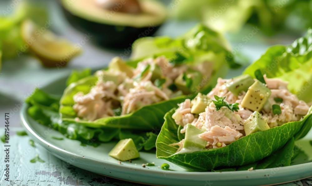 Avocado and tuna salad on endive leaves on a pastel green plate Avocado and tuna salad on endive leaves on a pastel green plate