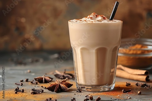 Chai milk tea in a modern glass with a straw, set against a warmtoned background with spice accents Chai Milk Tea, modern spiciness photo