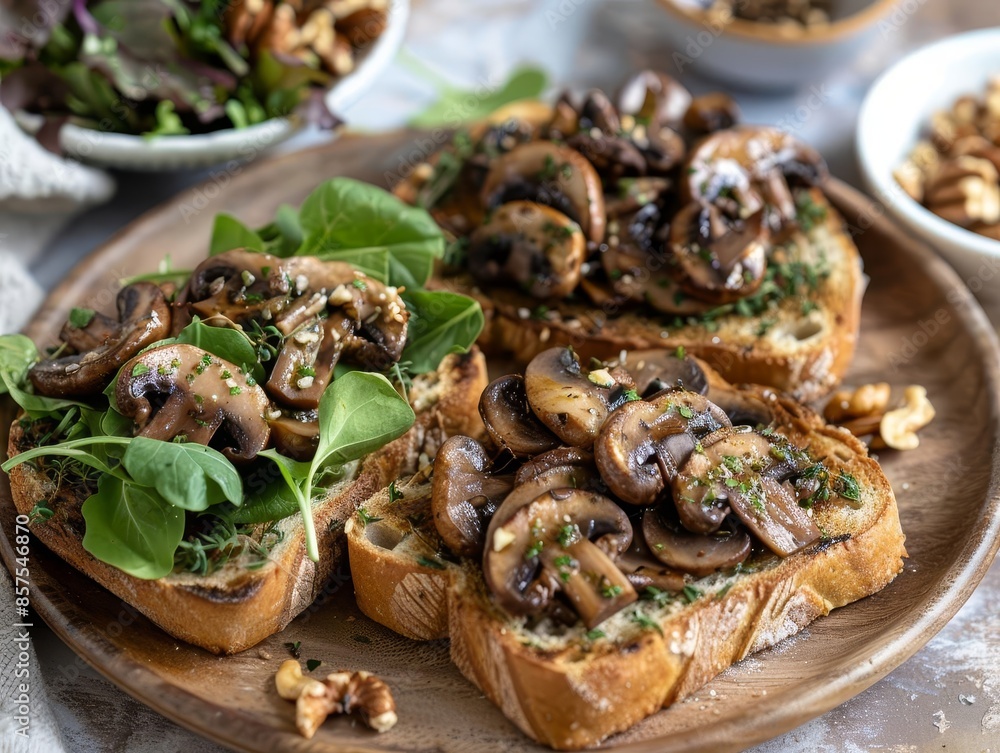 Artistic shot of mushroom and herb toast with a side of mixed greens and a small bowl of roasted nuts, set against a warmtoned background Mushroom Herb Toast, elegant savory Artistic shot of mushroom and herb toast with a side of mixed greens and a small bowl of roasted nuts, set against a warmtoned background Mushroom Herb Toast, elegant savory
