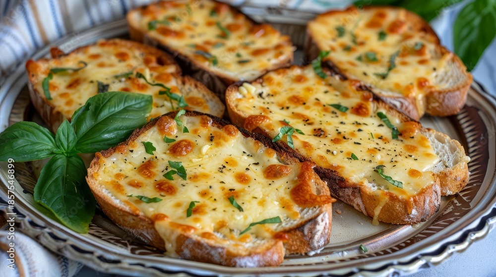 Garlic toast with a blend of melted cheese and herbs, placed on a vintage plate with a garnish of fresh basil Garlic Toast, cheesy indulgence Garlic toast with a blend of melted cheese and herbs, placed on a vintage plate with a garnish of fresh basil Garlic Toast, cheesy indulgence