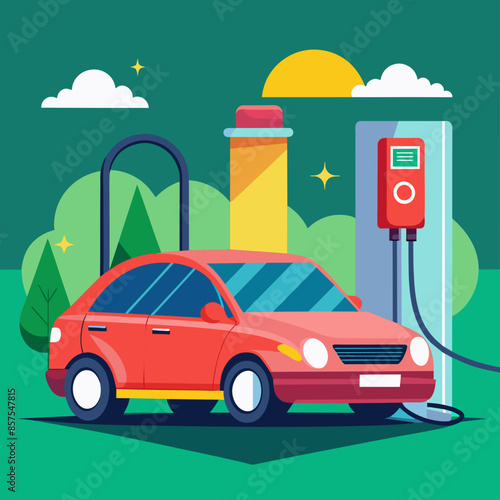 An electric car plugged into a charging station