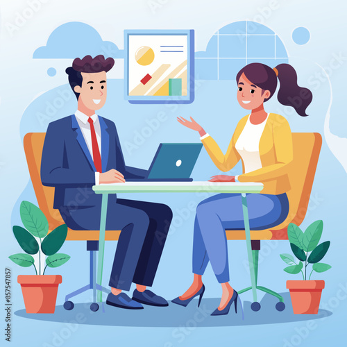 During a job interview, HR managers and prospective employees engaged in conversation. A man and a woman sat at a table, discussing career opportunities. This scene represents a business or human reso