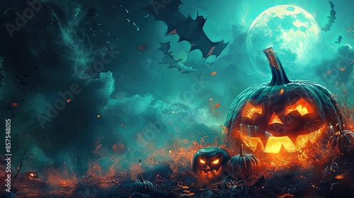 A group of mysterious pumpkins with glowing faces beneath a full moon in a smoky, haunted setting, where bats fly ominously against a dark, cloudy sky. photo